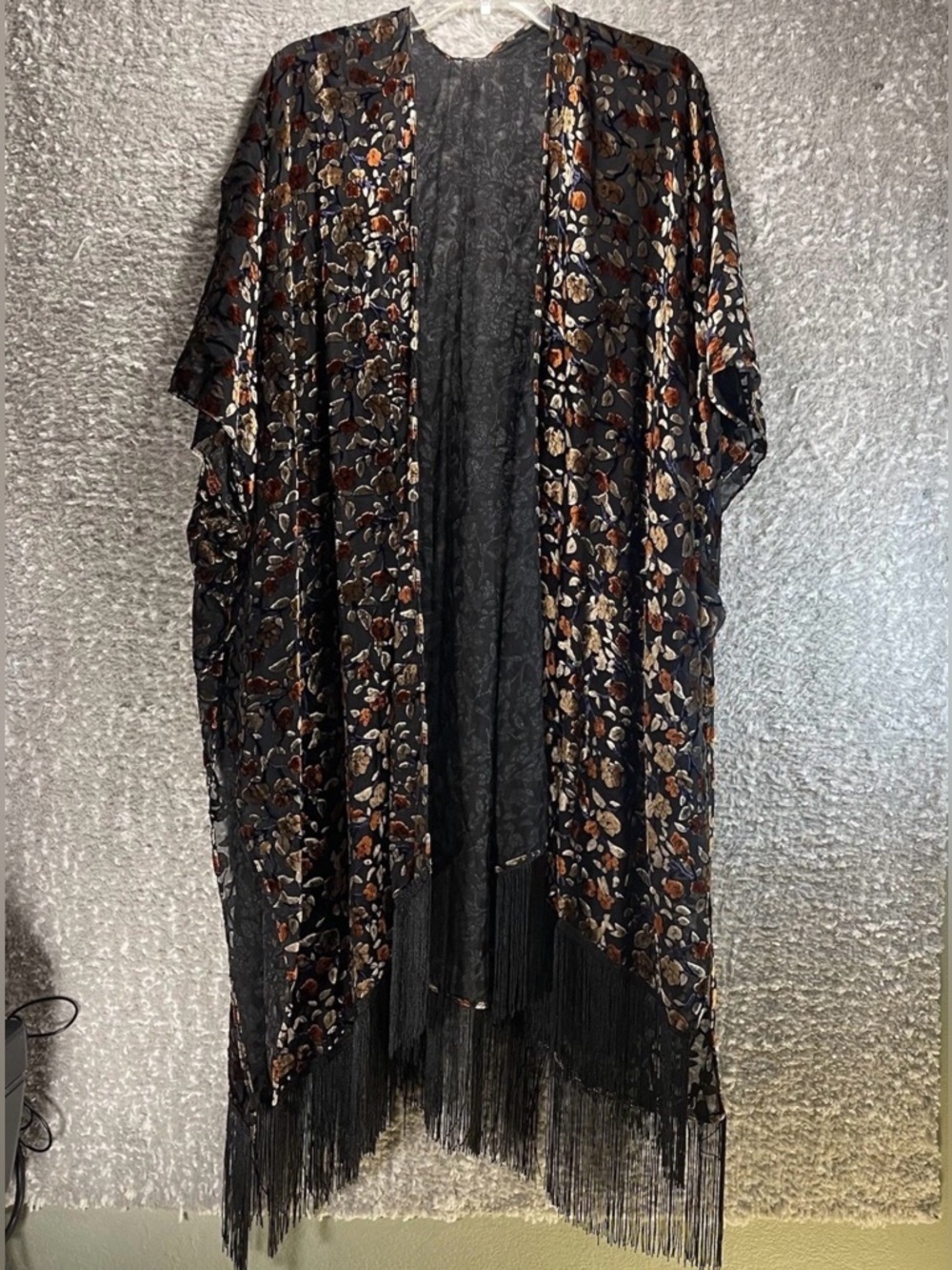 Lovestitch Black Burnout Sheer Velvet Kaftan One Size Kimono Cover Up Fringe